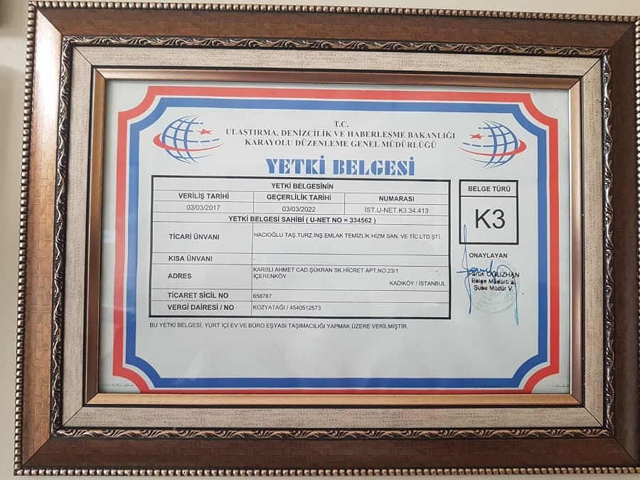 Hacıoğlu evden eve nakliyat K3 yetki belgesi