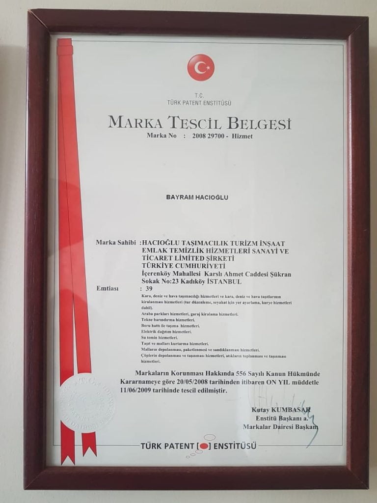 Hacıoğlu nakliyat marka tescil belgesi